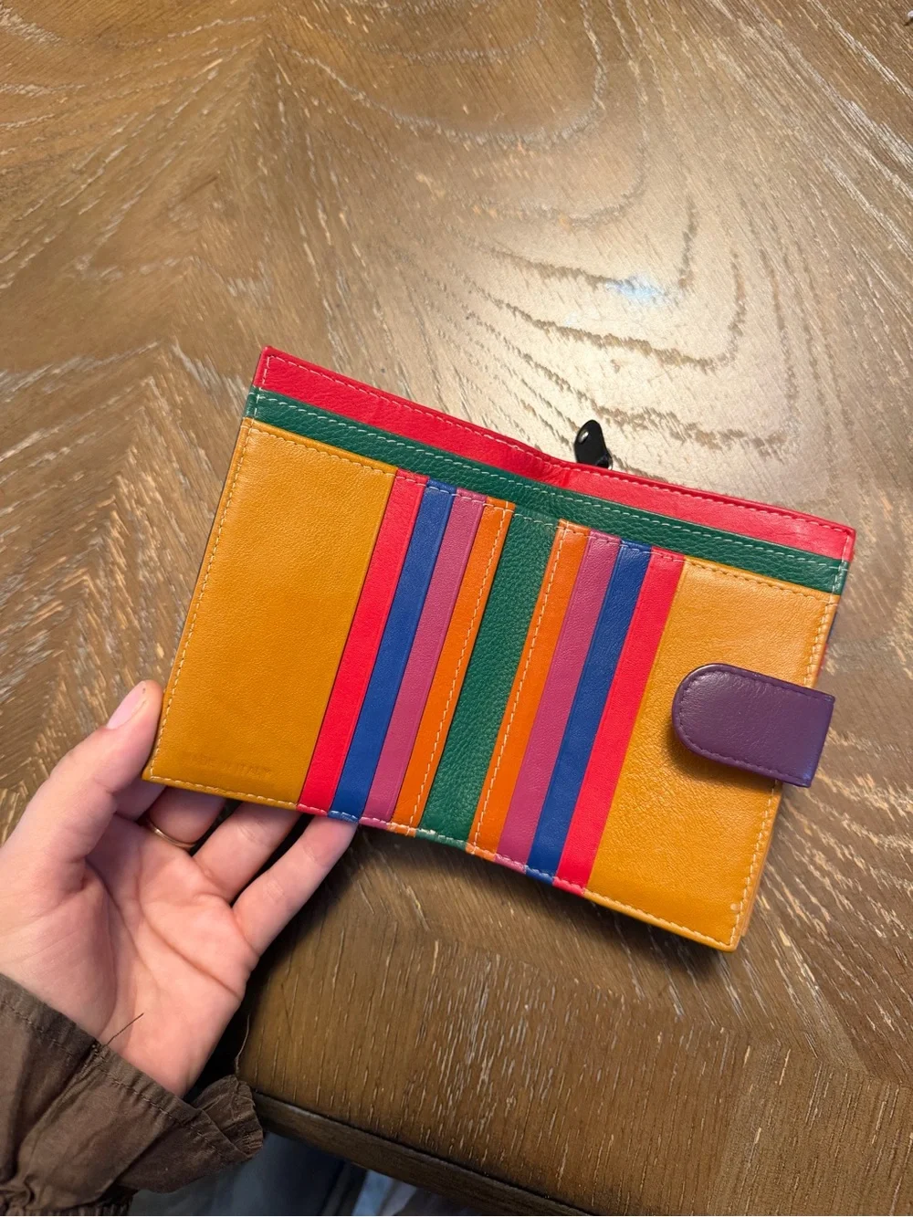 Colorblock Leather Card Wallet in Mustard, Red, Green, Blue & Purple